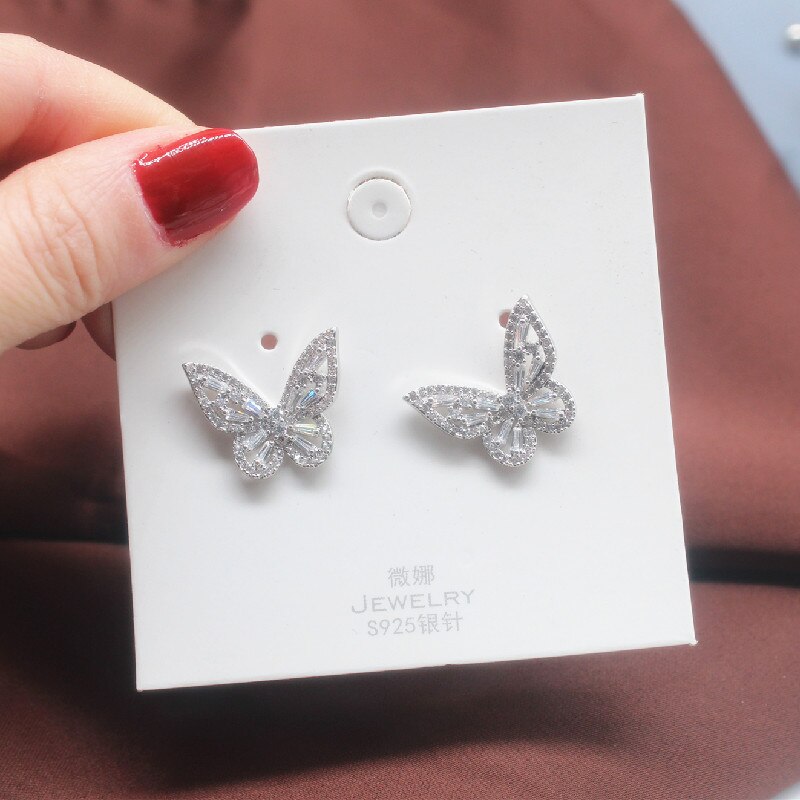 de joyería de de Corea del , pendientes de Zircón con incrustaciones de cobre elegantes exquisitos, pendientes de mariposa pequeños y inteligentes para mujer: silver