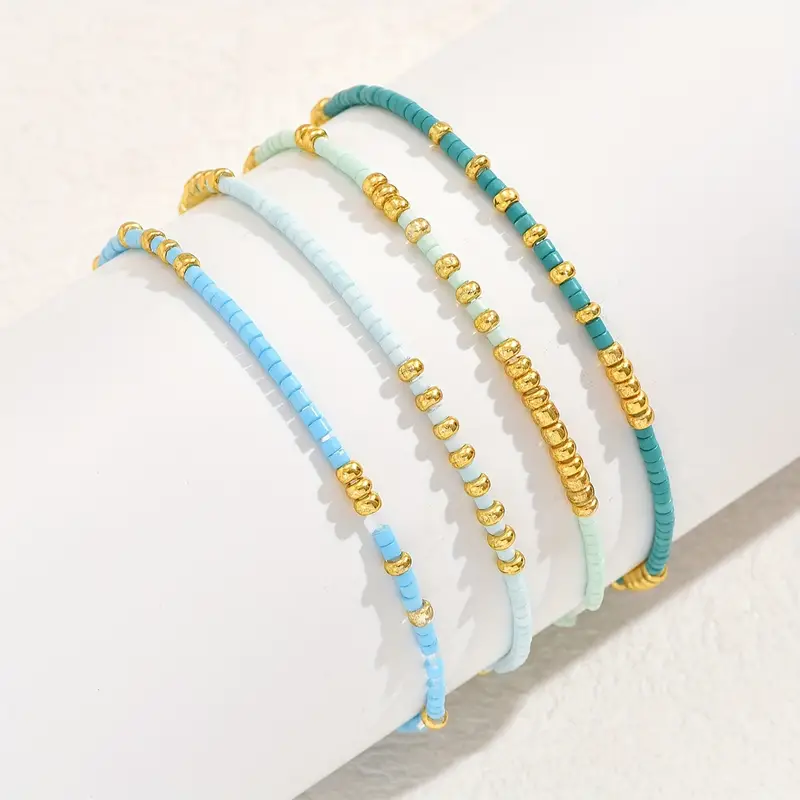 4 Uds. De cuentas de semillas de Color turquesa, conjunto de pulsera elástica, cuentas de cristal de Color dorado bohemio, joyería elástica hecha a mano para vacaciones para niñas