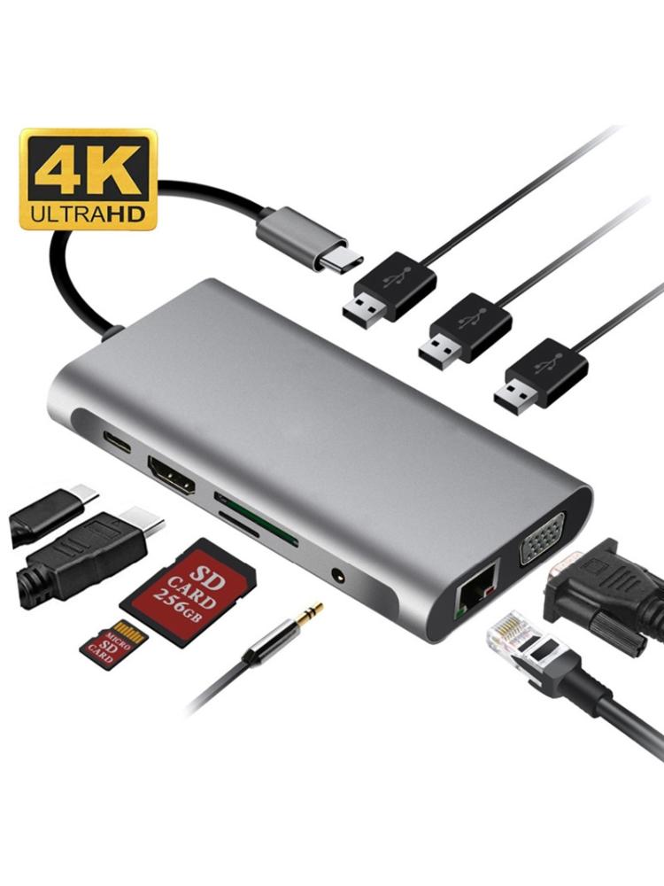 USB HUB Docking Station Typ C Adapter USB 3,0 4K VGA RJ45 10 in1 Konverter