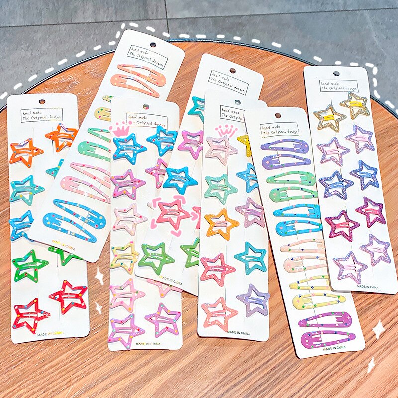 10/12pcs Cute Baby Girl Hair Clips Cartoon Snap Button Candy Color Star Shape Hair Clip Non-Slip Baby Clip Kids Accessories