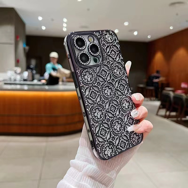 Modernt diamantformad blomma med fint hål i linsen, lämplig för iphone 15 14 13 12 11 pro max, stötdämpande bakstycke