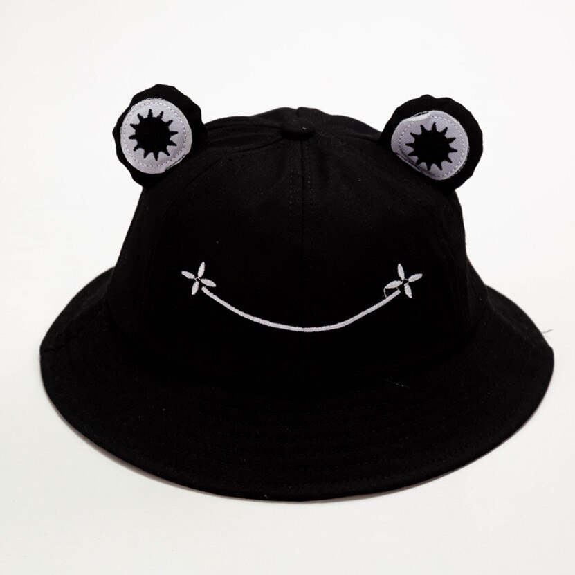 Cute Frog Hat Letter Bucket Hats Women Cover Fisherman Cap Hat for Adult Women Sunscreen Summer Outing Hat: Black / L