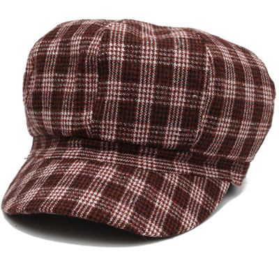 HT2612 Spring Autumn Women Hats Vintage Plaid Octagonal Newsboy Cap Retro Ladies Beret Hat Cotton Artist Painter Hat Women Beret: Burgundy