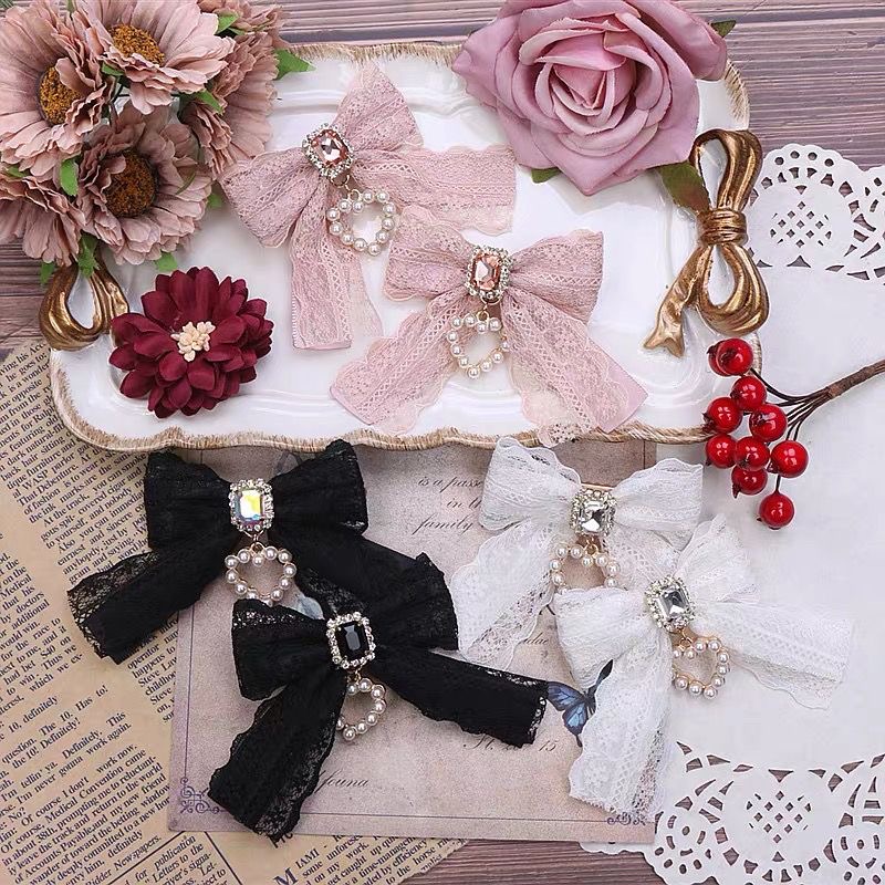 【1 par】Pinzas para el cabello Lolita, accesorios para el cabello de encaje, accesorios de perlas, artículo para niñas, accesorios Y2K, lazos para el cabello, pasador para el cabello para niña, cosa bonita