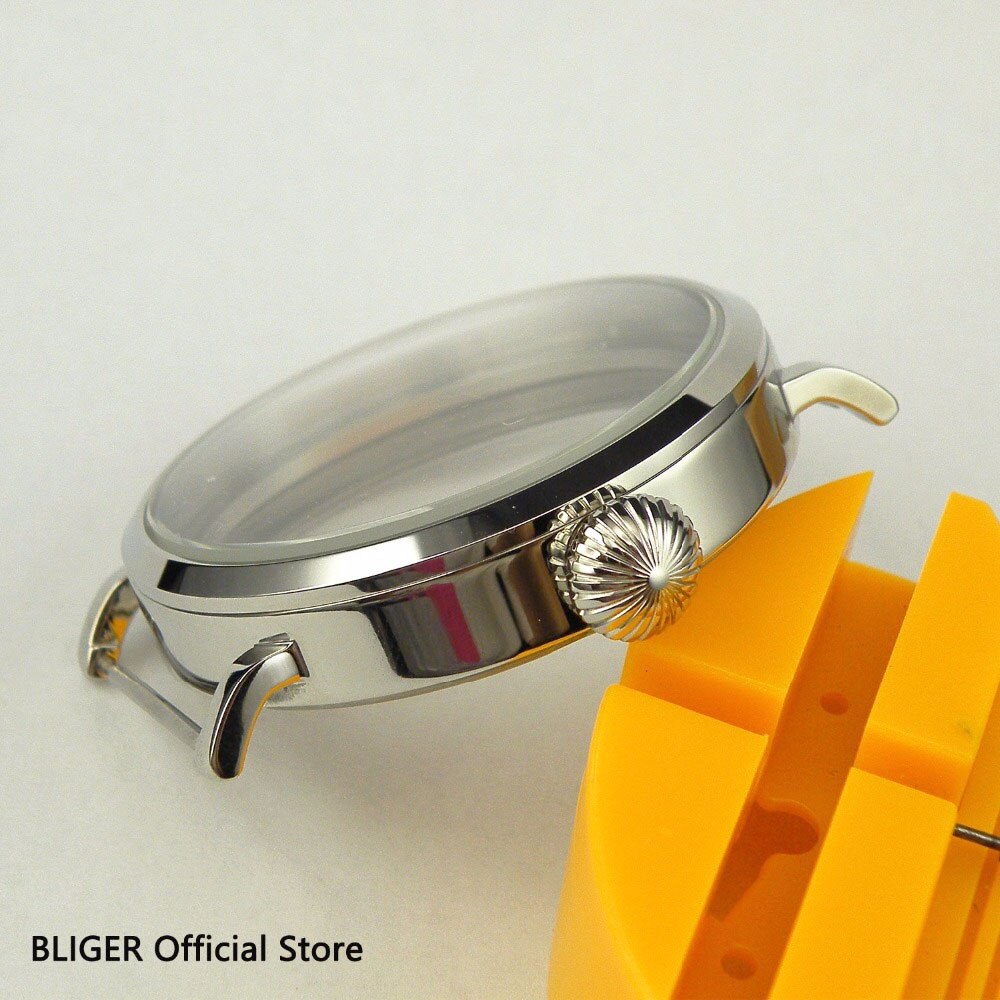 Bliger 46mm Gepolijst Roestvrij Staal Zilveren Horloge Case Voor 6497 6498 Hand Winding Beweging Mineraal Glas heren horloge Case