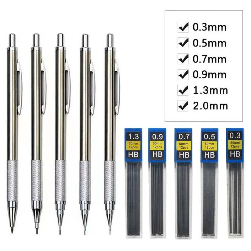 Portaminas de Metal de 0,3/0,5/0,7/0,9/1,3/2,0mm, juego de lápices HB automáticos de dibujo con cables, suministros de arte para escritura escolar y de oficina