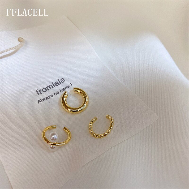 FFLACELL 1set Korea Simple Pearl Ear Cuff Earring Geometric Circle C Shape Metal Ear Bone Clip Earrings For Women Jewelry