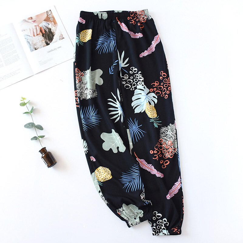 Mallas de dormir para mujer, pantalones de pijama a prueba de mosquitos, holgados, con estampado de viscosa, cintura elástica, satén: black leaves