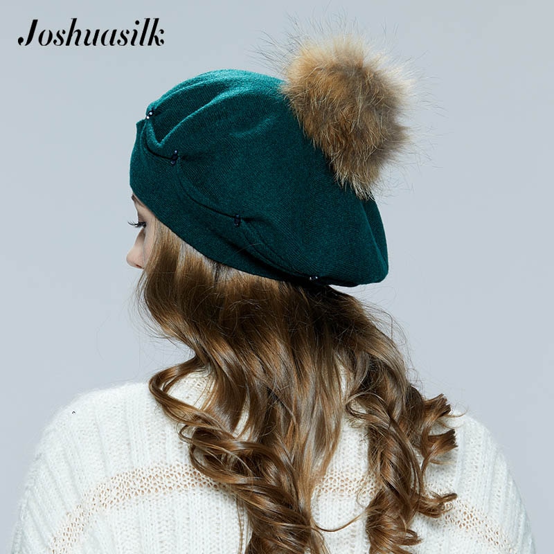 JOSHUASILK-gorro de lana de punto para mujer, boinas con hebilla de pellizco, decoración de POM mapache, sólido, otoño e invierno,