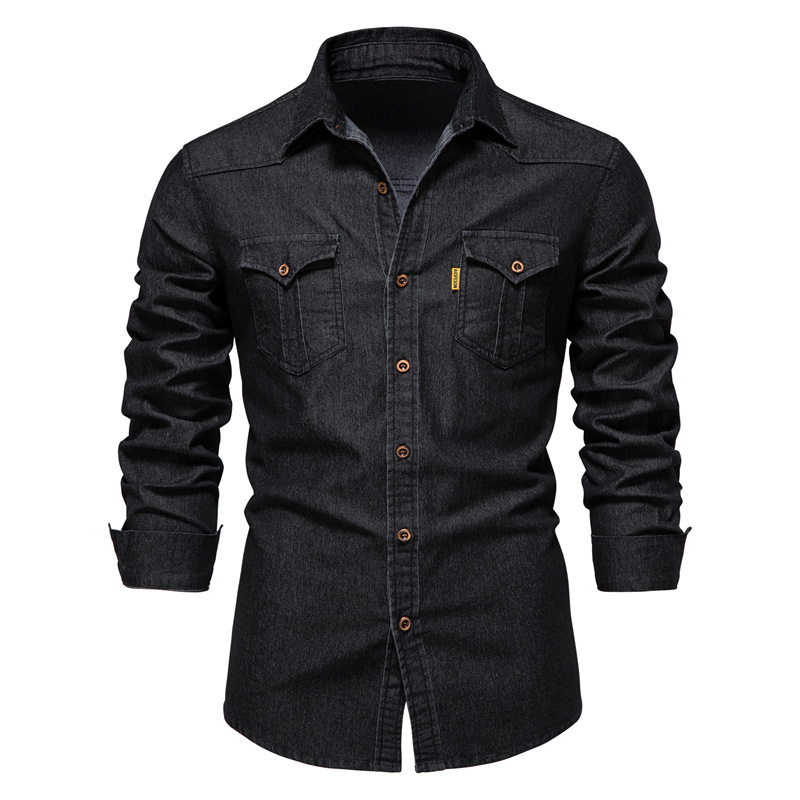 2025 Frühjahr Herren-Jeanshemd, 100 % Baumwolle, elastisch, lässig, schmale Passform, Streetwear-Kleidung, langärmelig, mehrere Taschen, Cowboy-Hemden: S / Schwarz