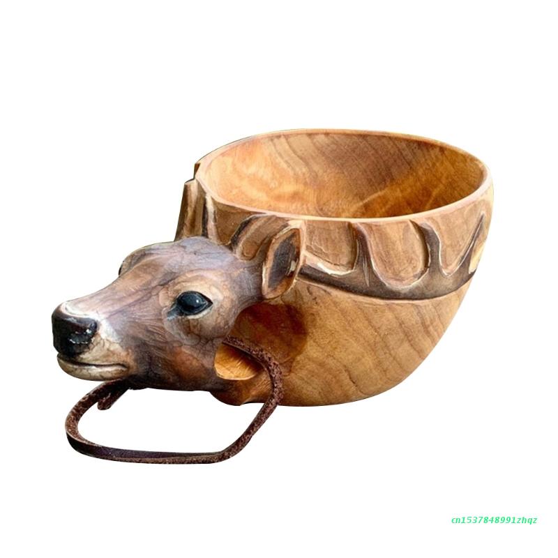 Hand Gesneden Rubber Houten Mok Dieren Hoofd Afbeelding Cup Houten Dier Mok Vorm Draagbare Camping Drinkbeker Drinkbekers: deer