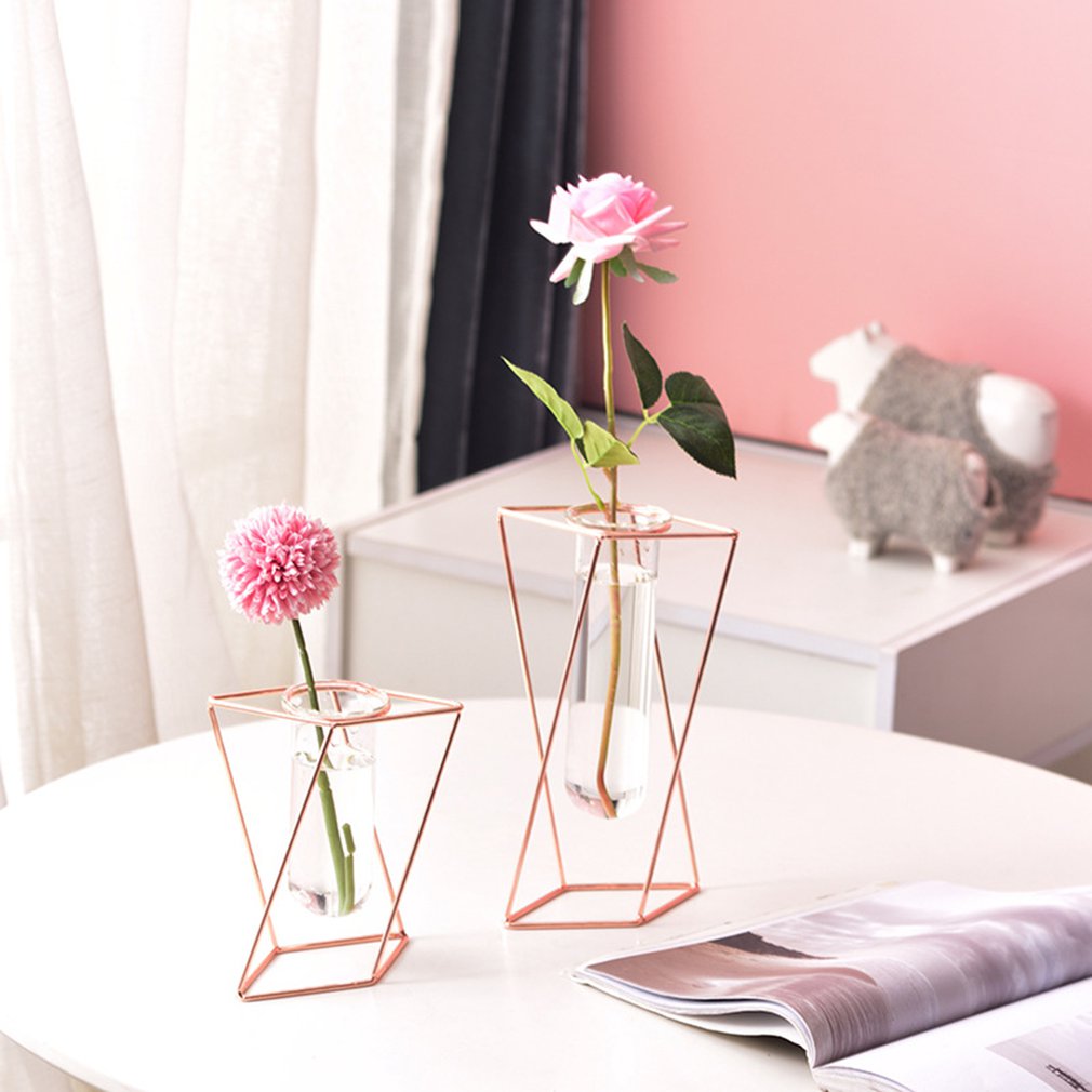 Nordisk stil glass blomsterpotte jern kunst vase rose gull hengende prøverør blomstervaser hjemmekontor dekorasjon skrivebord blomsterpotter