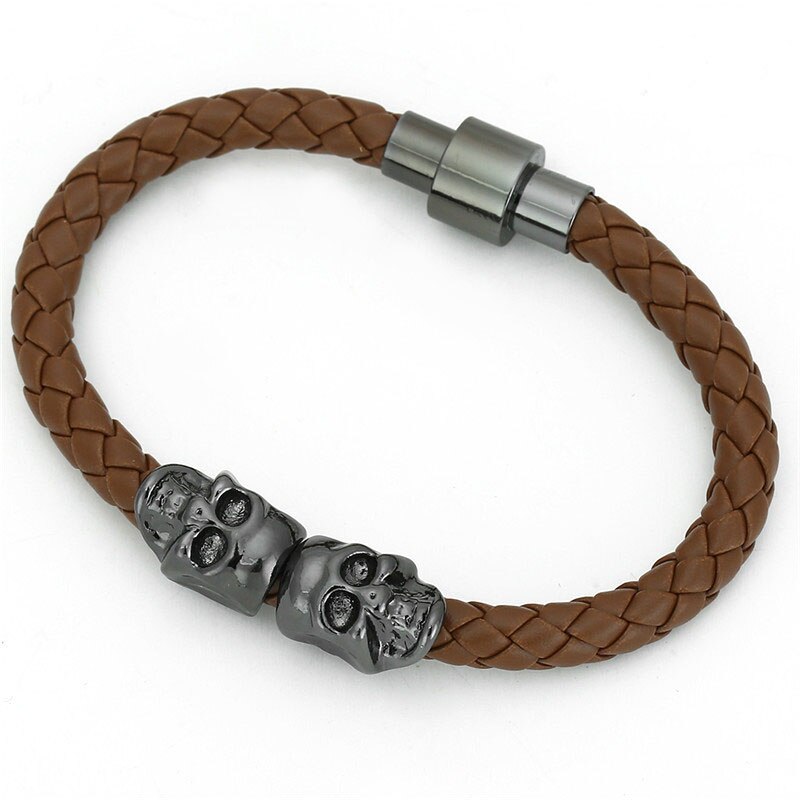 Magnet Punk Leder Kette Armbinde Zwei Schädel Charme Armbinde Armreifen Schmuck Für Männer Frauen