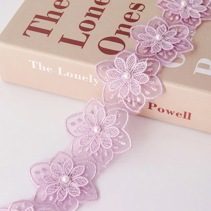 2 Yard Bloem Parel Kant Geborduurd Gebreide Zes Bloembladen Kralen Dubbellaags Trouwkleding Accessoires Diy Handgemaakte: Antiek Zilver