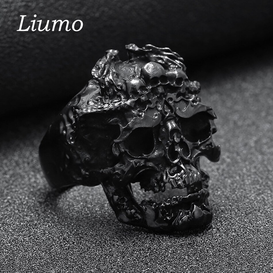 Liumo Punk Style Gold Black Color Dragon Skull Men Copper Alloy Biker Ring Lr533