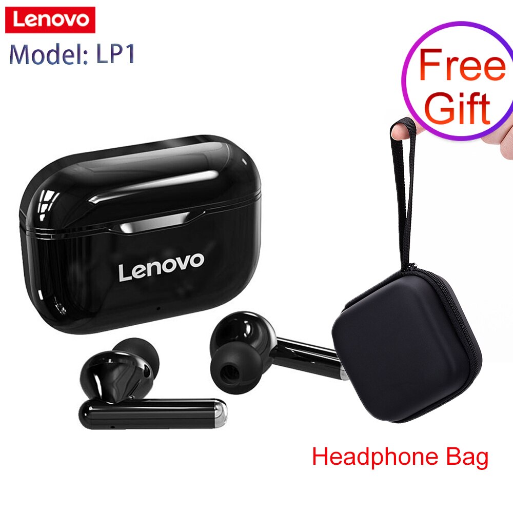 Lenovo LP1 TWS Wireless Earbuds BT5.0 True Wireless Headphones Dual Stereo Noise Reduction Bass Sport Headset with Mic 300mAh: Pure Black with Bag