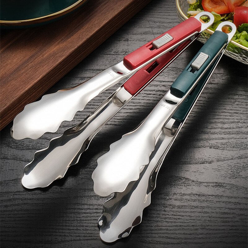 Sliding Button Food Barbecue Grill Tongs Stainless Steel Bread Buffet Clip Non-Stick Clamp Home Kitchen Cooking Accessories