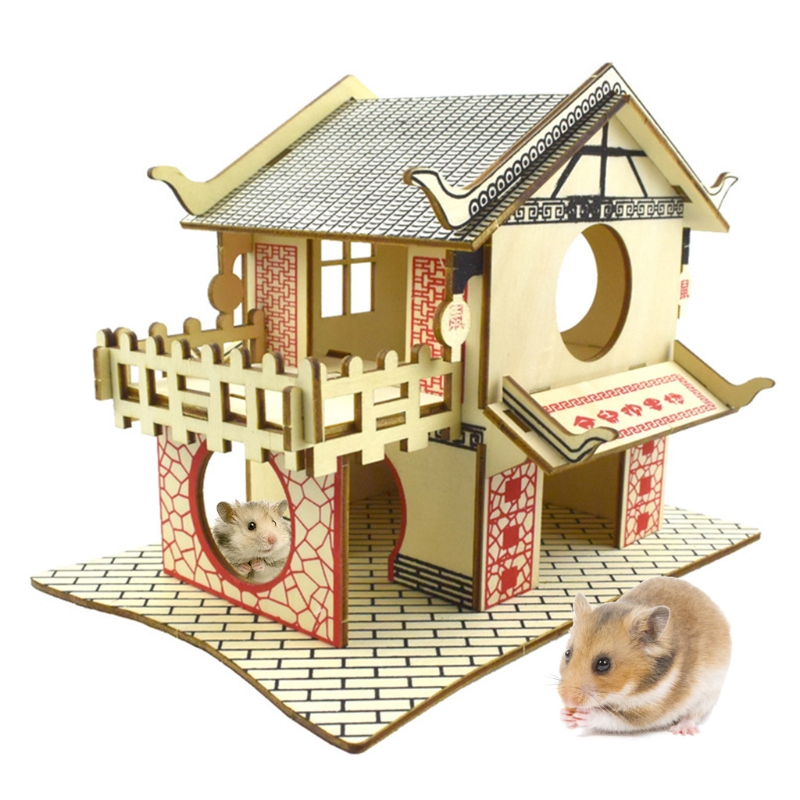 Hamster Hideout Houten Hut Kleine Dieren Dubbellaags Villa Rat Kamer Huis Kooi Oefening Speelgoed Met Ladder Board