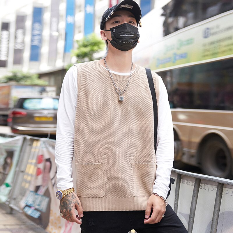 Singleroad oversized herre strikket genser vest herre vester harajuku hip hop gensere koreansk khaki ermeløs genser herre: Beige genser herre / Asiatisk-m