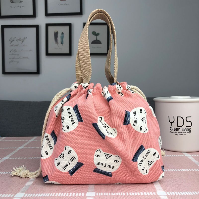 Canvas Print Picnic Lunch Bag Drawstring PortableTote Bag Food Storage Box for Women Cartoon Printing Fruit Thermal Bags: 20