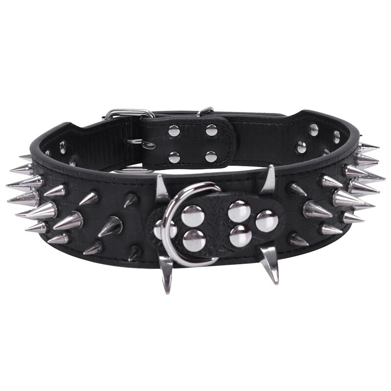 Leather Spiked Studded Dog Collar 2" Wide, 25 Spikes 44 Studs, Pit Bull, Boxer-Black M