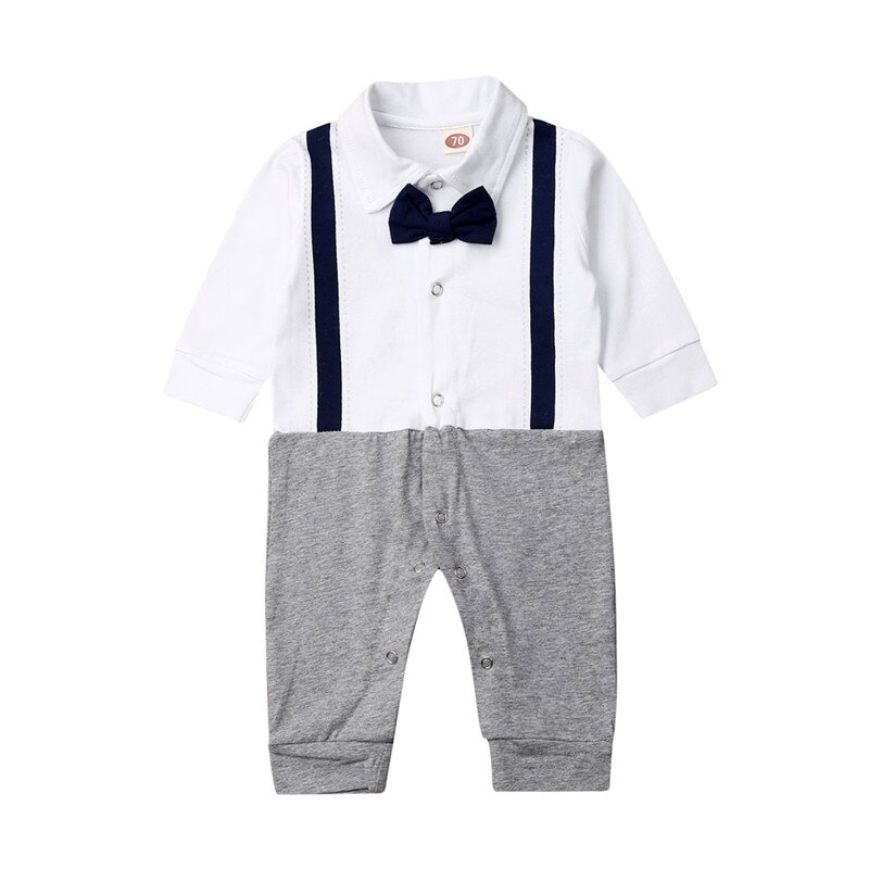 Caballero niños bebés mono pajarita Romper Tops de manga larga de algodón otoño ropa trajes: Gris / 24 meses