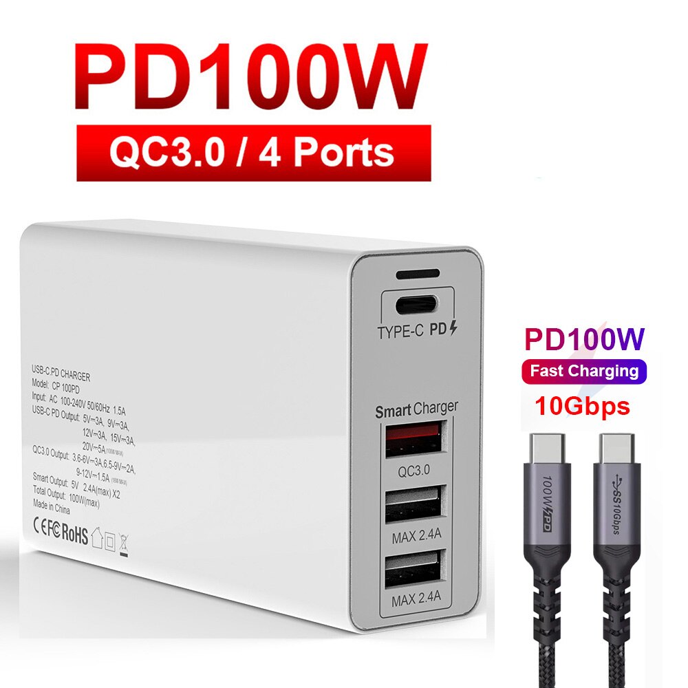 100W 4port Power Adapter PD100W/65W/45W/18W QC4.0/PPS Charger 5A E-MARK USB-C Cable For USB C Laptops MacBook Pro iPhone12/11: Charger(W) and Cable / UK