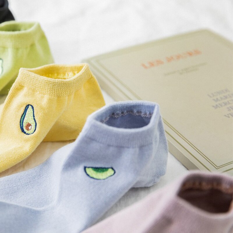 Zomer schattige sokken avocado borduurwerk katoenen sokken dames ademend onzichtbaar effen kleur skarpetki korte sokken voor meisjes