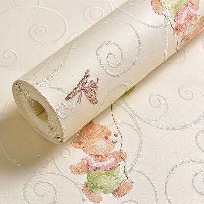 Cartoon Beer Muur Papier Voegen Dikke Kinderen Slaapkamer Meisje Jongen Kamer 3D Geweven Muur Papier: Beige