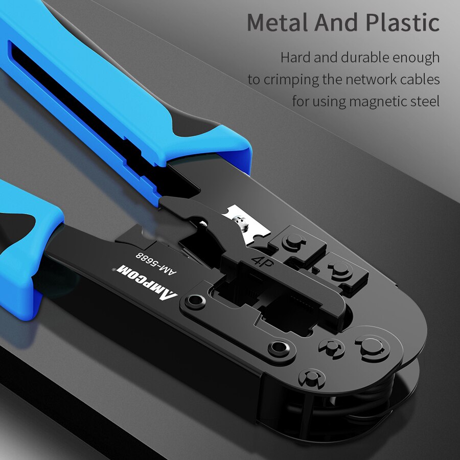 AMPCOM Crimping Tool RJ45 and RJ12, RJ11 Crimper Cutter Stripper Network Cable CrimpTool for 4P 6P 8P RJ-11/RJ-12 RJ-45