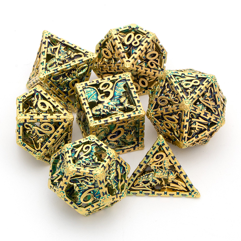 Set di dadi Dnd in metallo cavo prigione e drago D &amp; d D + D dadi D20 D12 D10 D % D8 D6 D4 RPG oro blu poliedro gioco di ruolo dadi