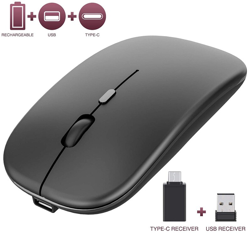 Wireless Mouse Rechargable,2.4G Ultra Silent Optical Mouse with USB and Type-C Receiver, for Laptop, (Black)