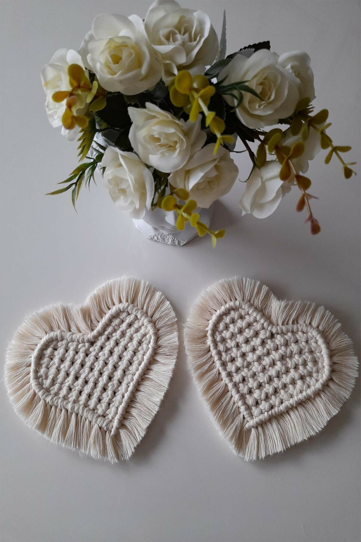 Makrome 1 Piece Cup And Candle Stand With Tassels Handmade 19 Cm Diameter Stylish Home Decor: Heart 2 PCS