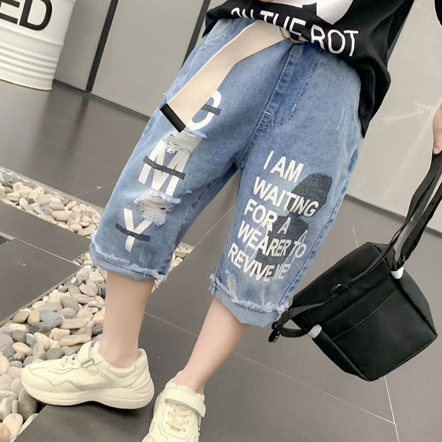 Pantalones cortos de mezclilla rasgados para niños, pantalón corto de algodón vaquero para niño, cintura elástica con letras para playa informal para niño adolescente de 110 a 170