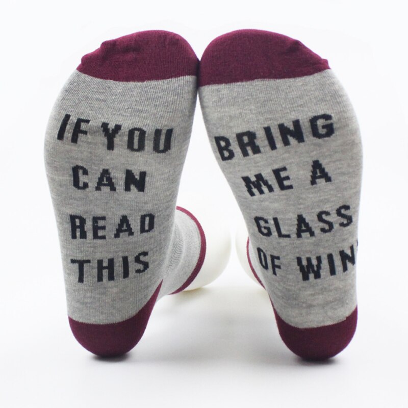 1Pair Funny Socks Autumn Spring Fall Letters Short Ankle Cotton Socks IF YOU CAN READ THIS BRING ME A GLASS OF WINE/BEER: gray wine red