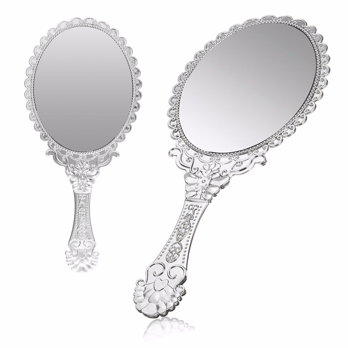 Espejo de plata con mango Vintage para mujer, maquillaje redondo ovalado, espejo de mano, maquillaje de princesa, de belleza