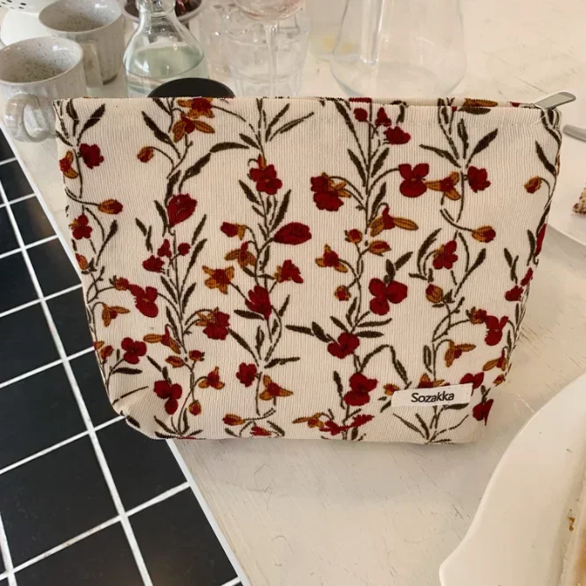 Retro Dots Flowers Leopard Cosmetic Bag Wash Bag Large Capacity Canvas Women Travel Cosmetic Organizer Pouch Make Up Storage Bag: Gold