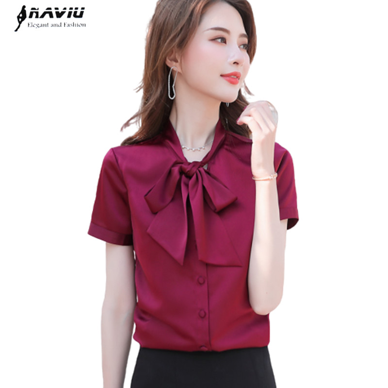 Chemise en mousseline de soie rouge vin pour femmes, à la , chemisiers à manches courtes avec nœud papillon, bureau, hauts de travail pour dames, été