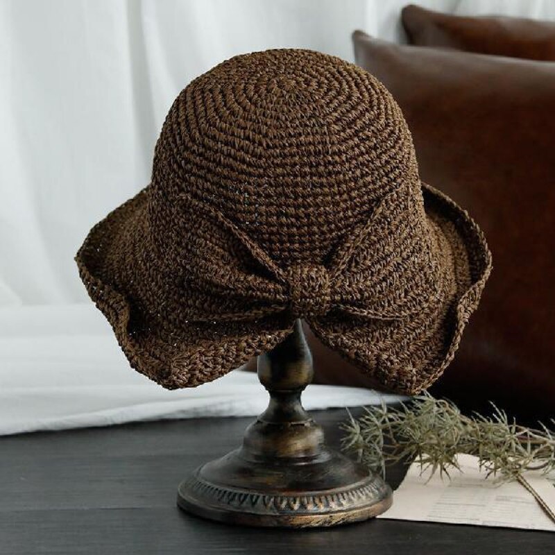 Handgemaakte 100% Raffia Boog Zonnehoed Brede Rand Floppy Zomer Hoeden Voor Vrouwen Beach Panama Stro Koepel Emmer Hoed femme Schaduw Hoed: brown
