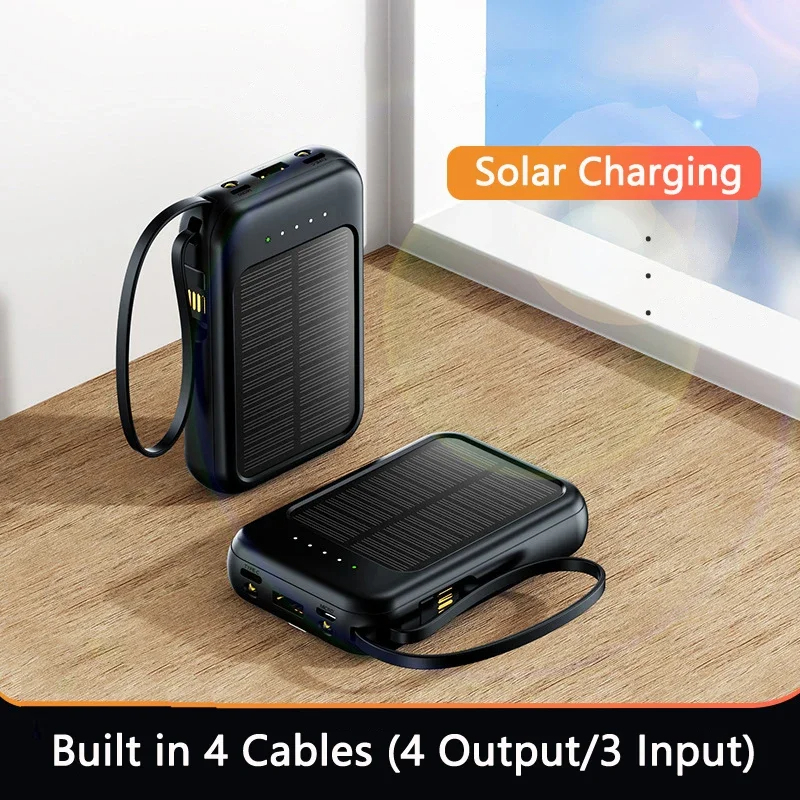 50000 mah solcelle-powerbank hurtigopladende led-lys med 4 kabler type-c multiport udendørs bærbar mobil ekstern strømforsyning