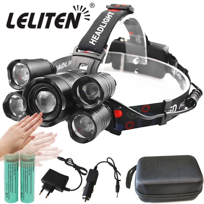 Most Powerful Induction ZOOM LED Headlight headlamp 5LED T6 Head Lamp Flashlight Torch head light Best For Camping, fishing