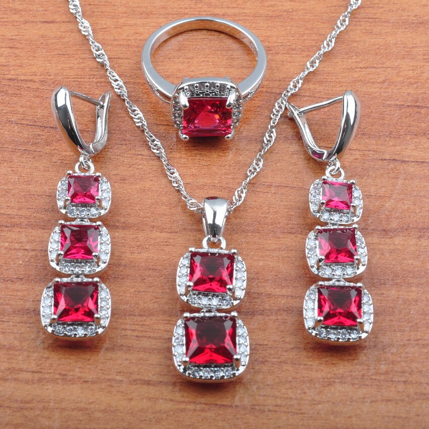 Klassieke Vierkante Rose Rode Zirconia Sieraden Sets Vrouwen Oorbellen Ketting Hanger Ring Armbanden JS0423