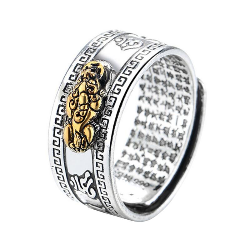 Feng Shui Pixiu Mani Mantra Wealth Ring Lucky Retro Silver Male: 01Pixiu golden