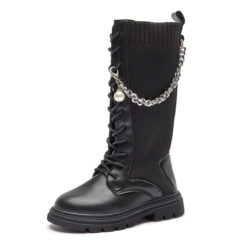 Inverno único botas de alta-tubo botas meia meados de tubo botas novas crianças malha botas de estiramento meninas botas de metal corrente princesa: Preto / 35 (Inner 21.4CM)