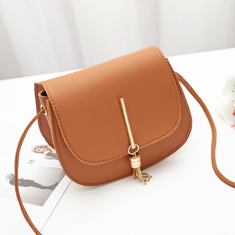 femenina, bolsas de mensajero de hombro con cierre liso de piel sintética, Mini bolso de mano con flecos, borlas y concha, , nueva: brown
