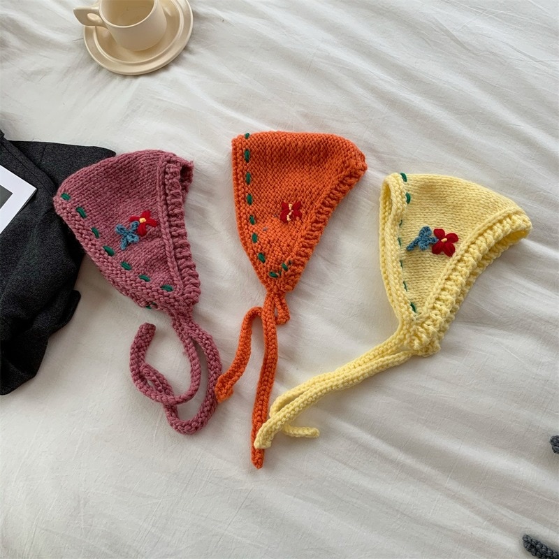 Bonnet coréen rétro à lacets pour femmes, couvre-oreilles tricotés à la main, Protection des oreilles, en laine, , automne et hiver