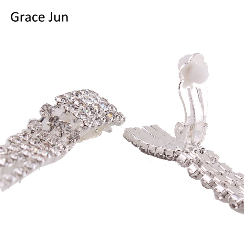 Grace Juni Rechthoek Kwasten Strass Clip Op Oorbellen Voor Vrouwen Party Wedding Charm Sieraden Geen Gat Oor Clip