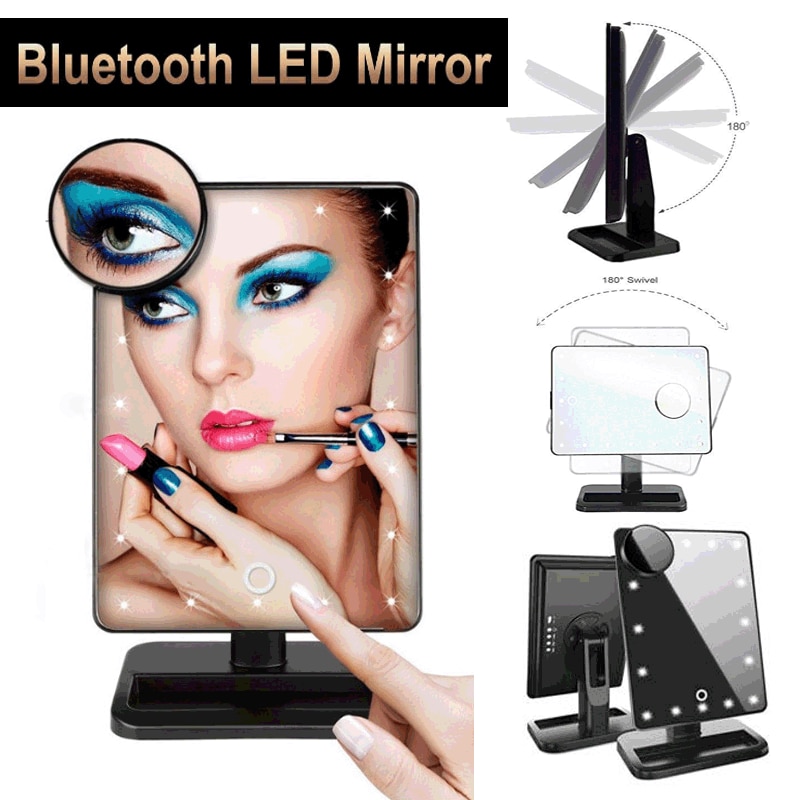 Altavoz Bluetooth maquillaje LED espejo iluminado de mesa de cosméticos espejo de vanidad con 20 Pantalla táctil ajustable 10X lupa