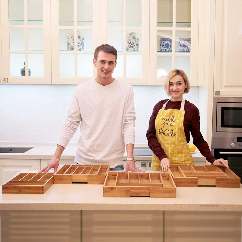 7-grids Kitchen Cutlery Storage Box Expandable Groceries Tray Bamboo Tools Drawer Organizer Multifunctional Cutlery Holder