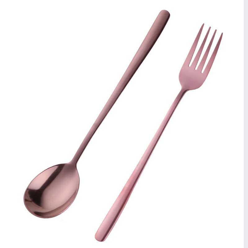 2 uds juego de tenedor cuchara cubiertos de acero inoxidable vajilla de postre de colores utensilios de cena de mango largo tenedores de ensalada cucharas de sopa vajilla casera: Brown-1set